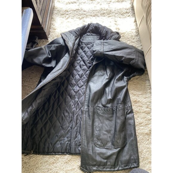 Vintage Jacqueline Ferrar Coat Boxy Leather Large Hooded Womens Black Unisex - Picture 3 of 9